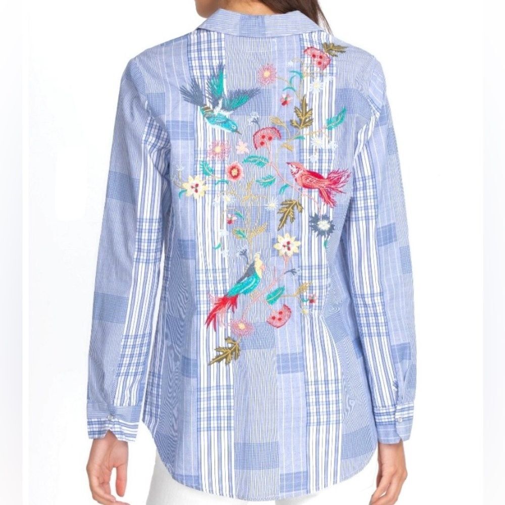 Johnny Was Zanzibar Button Down Shirt Floral Bird Embroidery Plaid Snaps Size XS - Picture 2 of 15